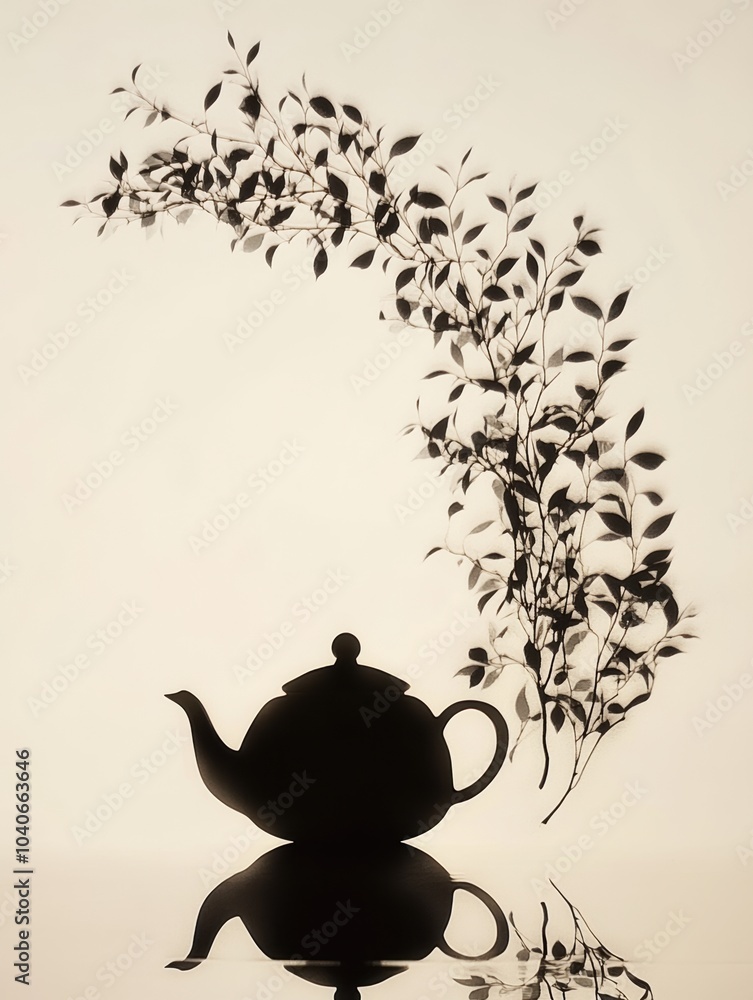 Poster the artwork features a teapot silhouette blending seamlessly into flowing tea leaves, creating a har