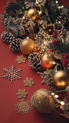 Christmas decorations featuring gold and silver ornaments with snowflakes.