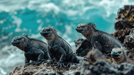 A group of marine iguanas basking on volcanic rocks by the shoreline, with turquoise ocean waves crashing in the background