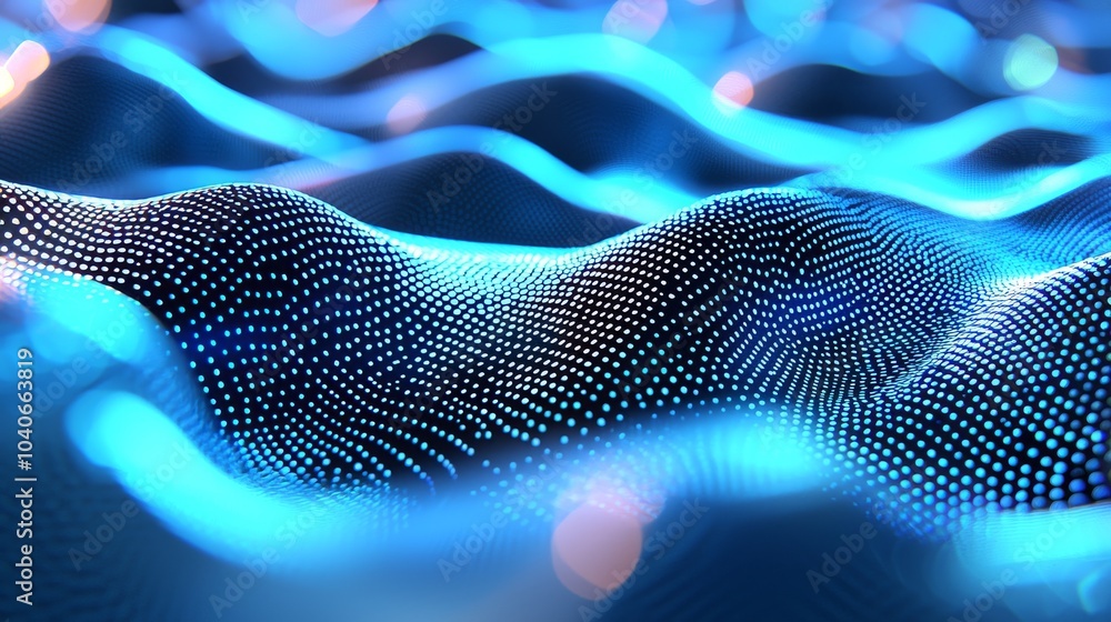 Poster in this image, we see a modern high tech internet data center with rows of racks containing servers 