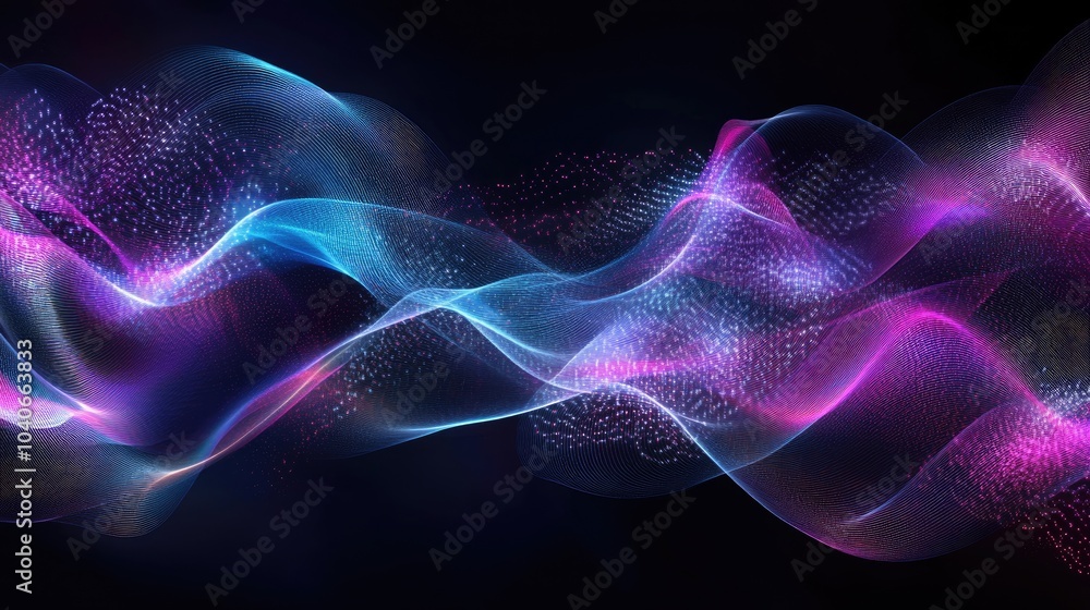 Poster abstract arrangement of horizontal sine waves and light particles in virtual wave series exemplifyin