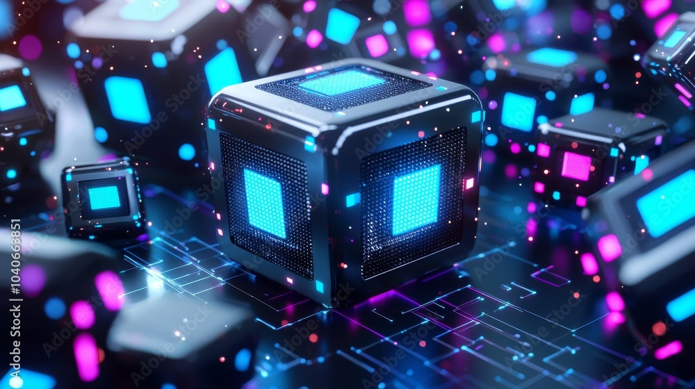 Aufkleber moving glowing particles on a digital background. futuristic hi-tech illustration, data transfer in 