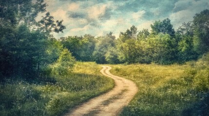 Fototapeta premium A winding dirt path meanders through a lush forest extending into the distance under a bright summer sky Created in a digital watercolor style