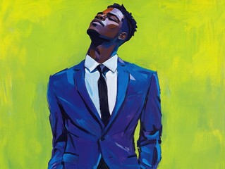 Fototapeta premium A stylish African American man in a blue suit poses confidently against a vibrant green backdrop