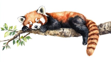 Obraz premium Red panda resting on a tree branch Watercolor illustration Hand drawn Ailurus fulgens Adorable lesser panda in a natural setting on a white background Amusing endemic mammal