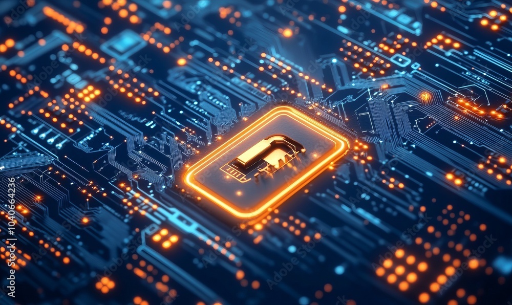 Poster internet digital security technology concept for business background. lock on circuit board