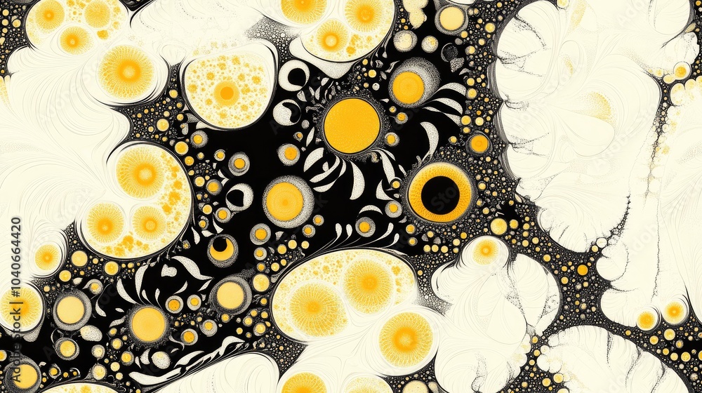 Poster seamless abstract black and yellow fractal texture on a white background featuring two large floral 