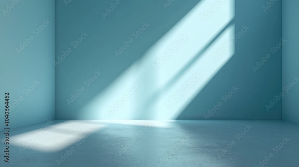 Poster 3d rendering of a light blue empty wall and smooth floor featuring intriguing light glare suitable f
