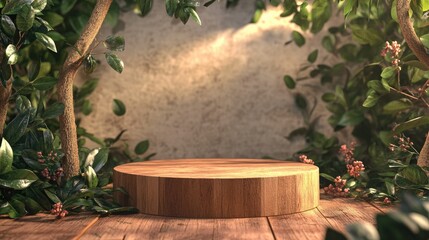 Wood cylinder podium against an earthy backdrop featuring leaves 3D rendering