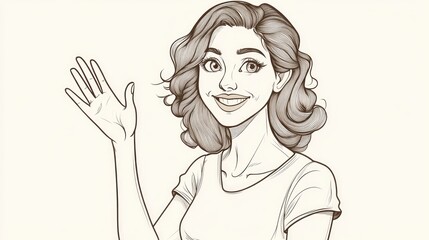Cartoon illustration of a woman waving in a line art style