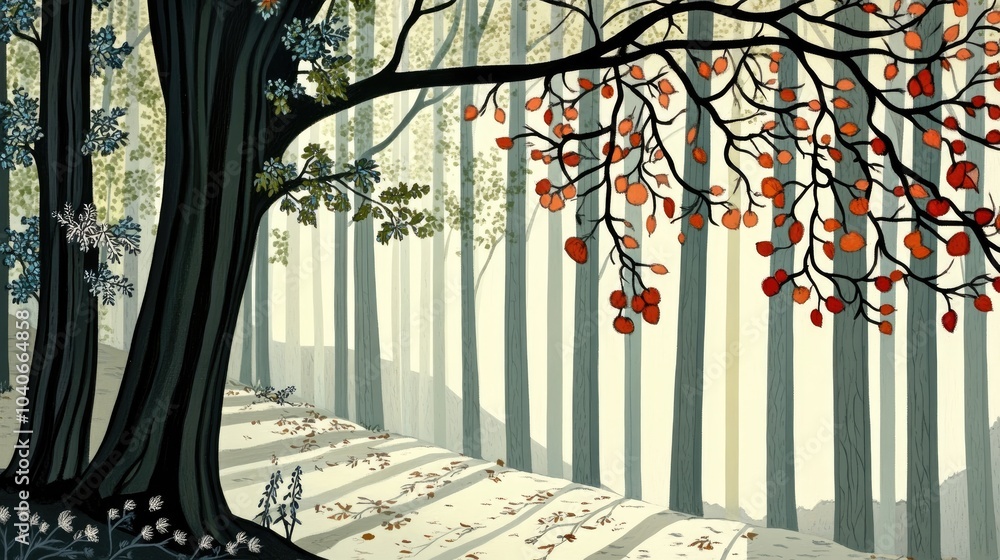 Poster bright sunlight filtering through tree branches in a forest creating contrast shadows on the ground 