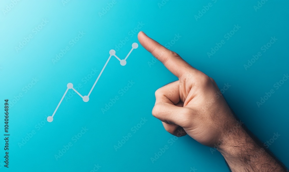 Poster hand points to rising curve on blue background capturing optimism and growth in minimalistic design