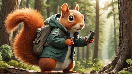 A curious squirrel exploring the forest trails with a camera during a sunny afternoon