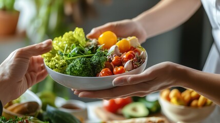A dietitian demonstrating portion control using food models in a nutrition counseling session, with dietary guides and healthy food examples visible, Practical style