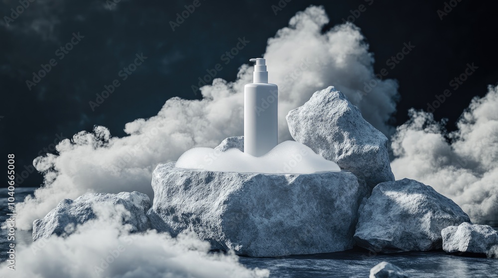 Poster podium featuring rocks and stones in a space like environment 3d rendered illustration soft fluffy c