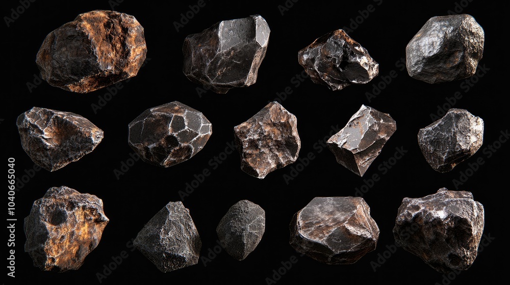 Aufkleber high resolution set of isolated asteroids and meteorites in a 3d cartoon rendering on a black backgr