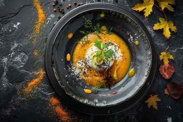 Pumpkin Cream Soup with Ricotta Cheese Mousse, Molecular Italian Dish with Stylish Decorations