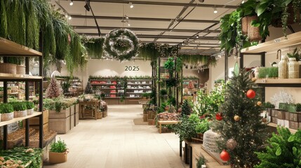 Elegant indoor plant shop adorned for the holidays