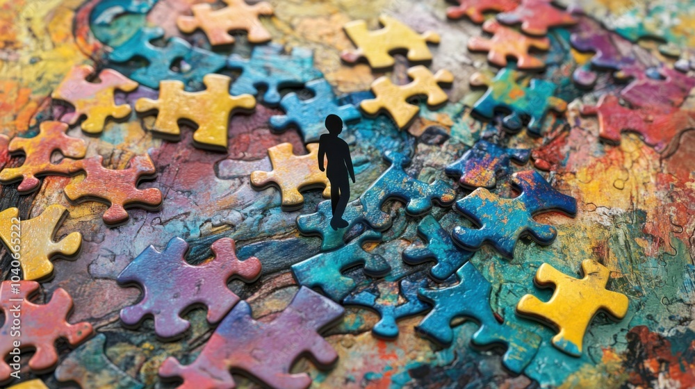Aufkleber A vibrant depiction of a person walking on a path made of puzzle pieces, with some pieces missing or misplaced, symbolizing the ongoing process of finding one’s place and purpose in modern life