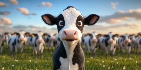 Young Holstein calf among a group of dairy cows, Young Holstein calf with dairy cows