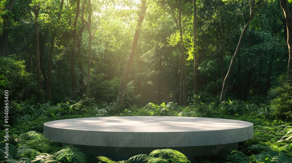 Poster concrete podium in a lush forest setting for product display and green backdrop 3d rendering