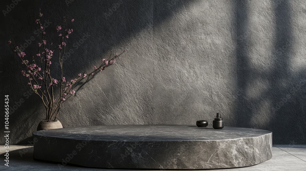 Poster elegant dark stone podium arrangement subtle backdrop for showcasing products soft natural shadow on
