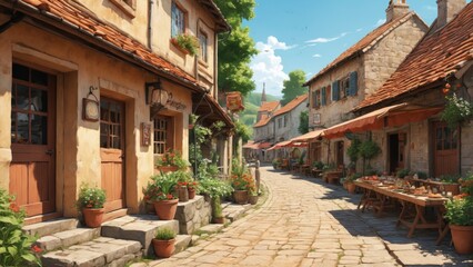 Fototapeta premium A cheerful rabbit character exploring a charming village market on a sunny day