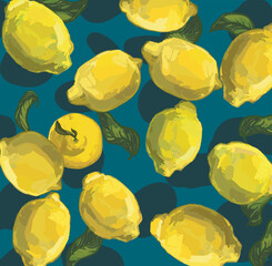 realistic sicilian lemon Citrus fresh seamless pattern decorated with leaves lemon fruit summer food illustration isolated on dark background