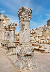 The synagogue of the Capernaum, where Jesus preached located near of the St. Peter's house. Its ruins were identified in 1866 during a survey by the British cartographer Charles Wilson. Israel. 2016