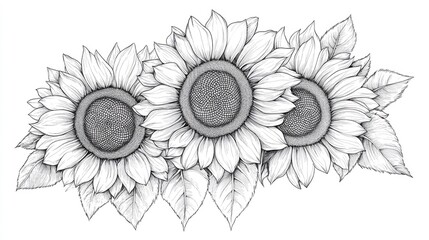 Hand drawn line art of sunflower bouquets featuring fine details Ideal for coloring pages showcasing sunflower designs