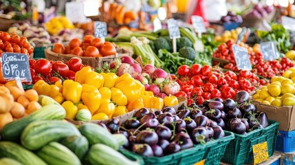 A vibrant farmer's market with colorful fruits and vegetables, Local produce theme, Fresh style
