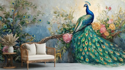 Peacock wall murals are stunning artworks that showcase the intricate beauty and vivid colors of these magnificent birds