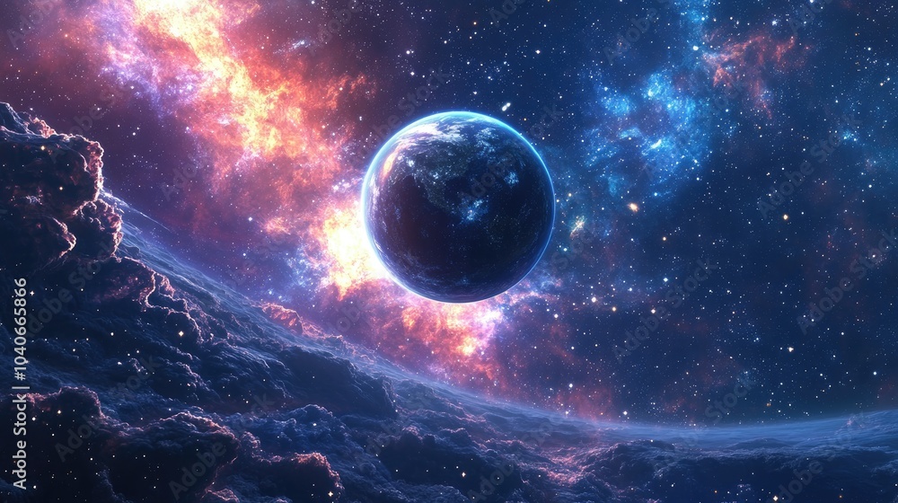 Poster 360 degree space background featuring a nebula and stars with a 3d cartoon rendering equirectangular