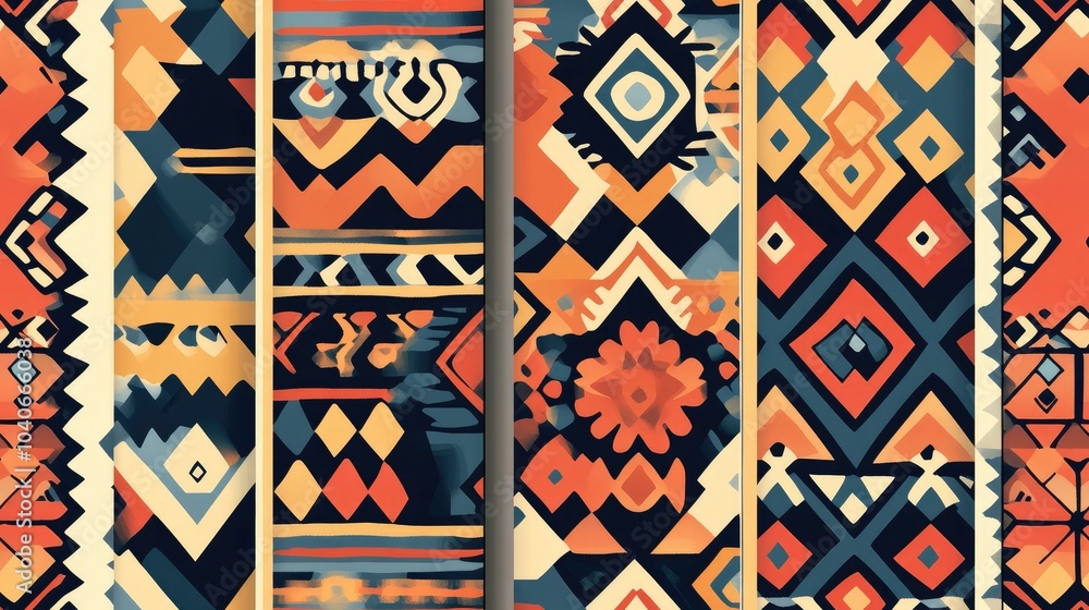 Poster geometric ethnic patterns featuring simple shapes and vibrant color palettes ideal for use in web de