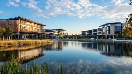 Obraz premium Modern office buildings with a pond and lush greenery in the foreground, reflecting the sky and clouds in the water.