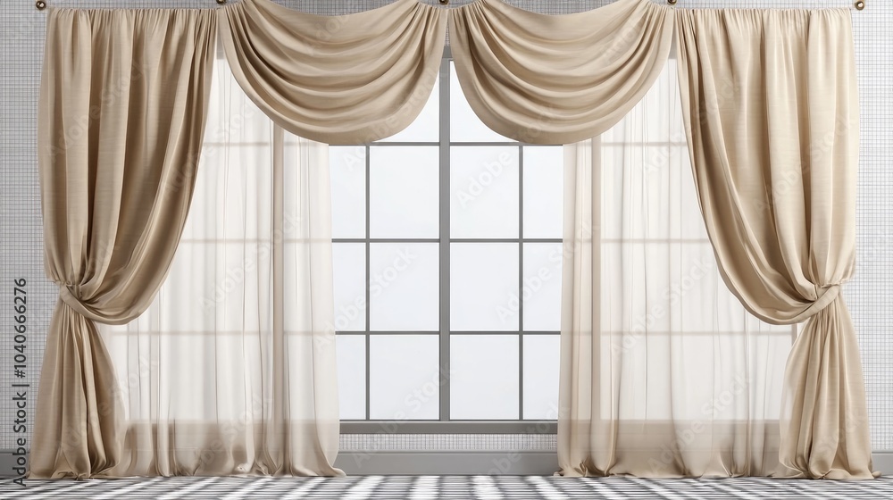 Poster 3d rendering of waving curtains for window decoration on a transparent background
