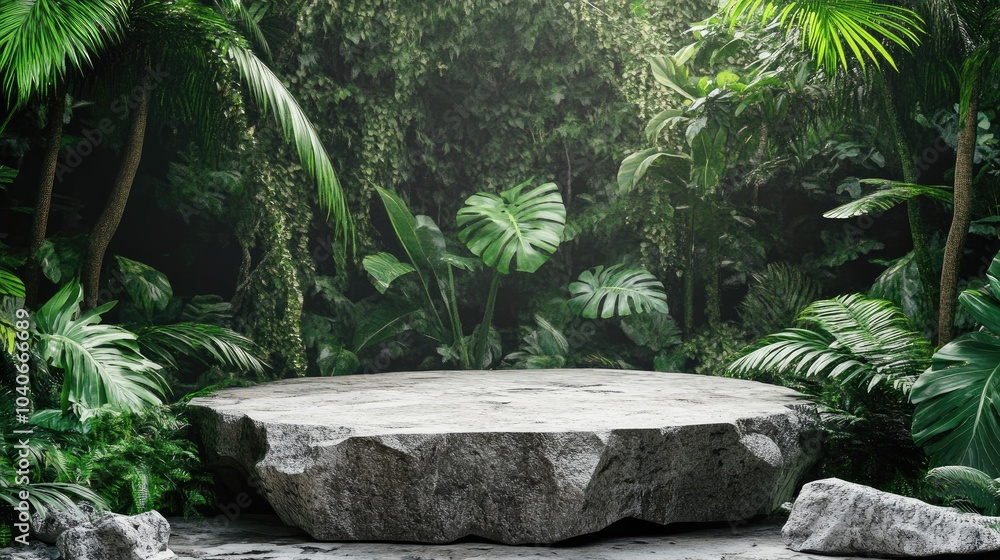 Poster empty rock pedestal for product presentation in a jungle setting 3d rendering