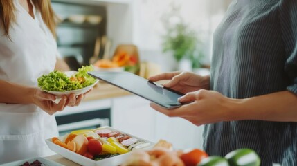 A dietitian explaining a healthy meal plan using a tablet in a nutrition counseling room, with nutritional guides and healthy food samples visible, Modern style