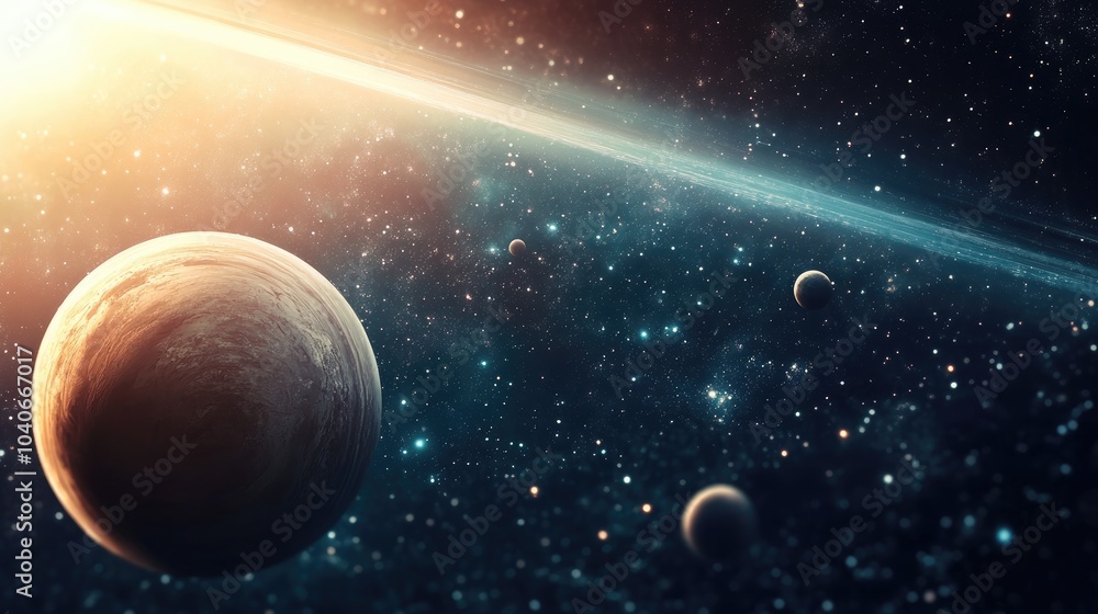 Poster panoramic view of planets in a distant solar system in space with 3d cartoon rendering