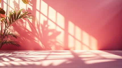 3D rendering of an abstract gradient pink studio background for product presentation with shadows of windows flowers and palm leaves in an empty room Blurred backdrop featuring ample copy space
