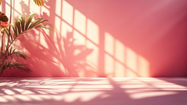3D rendering of an abstract gradient pink studio background for product presentation with shadows of windows flowers and palm leaves in an empty room Blurred backdrop featuring ample copy space