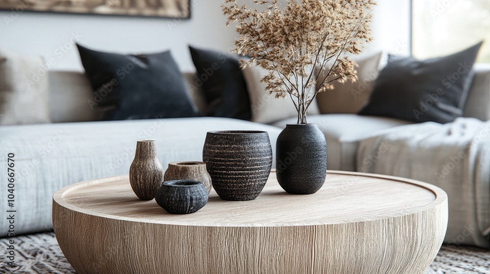Poster 3d rendering of a modern scandinavian living room featuring a round wooden coffee table adorned with