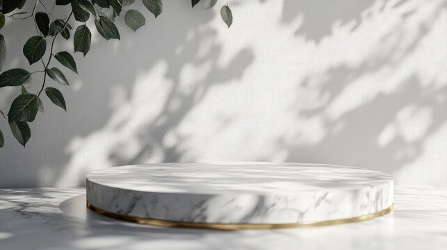 Realistic 3D rendered backdrop for product display Close up of an empty round luxury marble pedestal with a golden edge Sunlight and leaf shadows cast on a white wall in the background Premium Bea