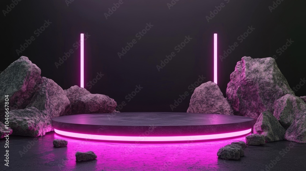 Aufkleber podium with a dark backdrop illuminated by pink violet led neon light 3d rendered illustration featu