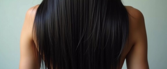 Fototapeta premium Smooth, straight black hair flows elegantly down back, highlighting its healthy shine and uniform color, illuminated by soft lighting, creating striking look. Hair care, the effect of cosmetics. AI