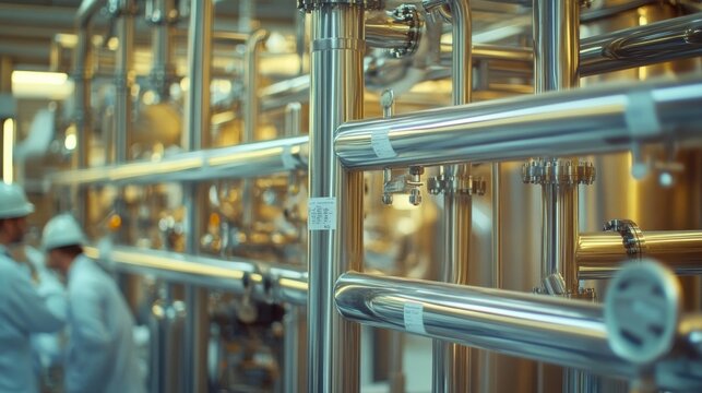 Modern industrial facility with shiny metal pipes and workers in white uniforms. A glimpse into advanced manufacturing processes.
