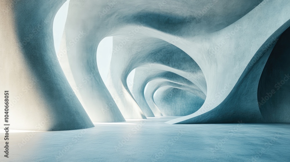 Poster futuristic abstract architecture featuring wavy designs and a concrete floor in a 3d rendering