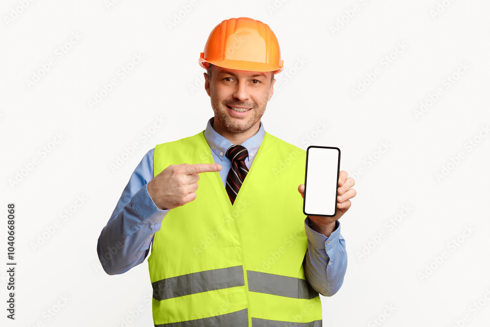 Poster construction worker showing smartphone blank screen, pointing finger recommending building services 
