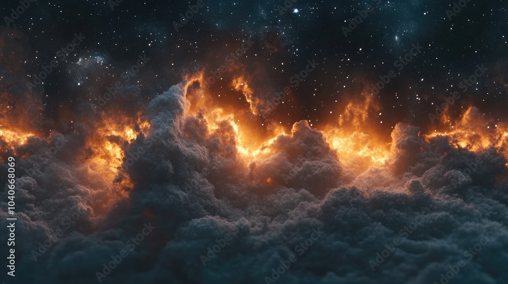 Poster 360 degree interstellar cloud of dust and gas in a 3d cartoon rendering background features space wi