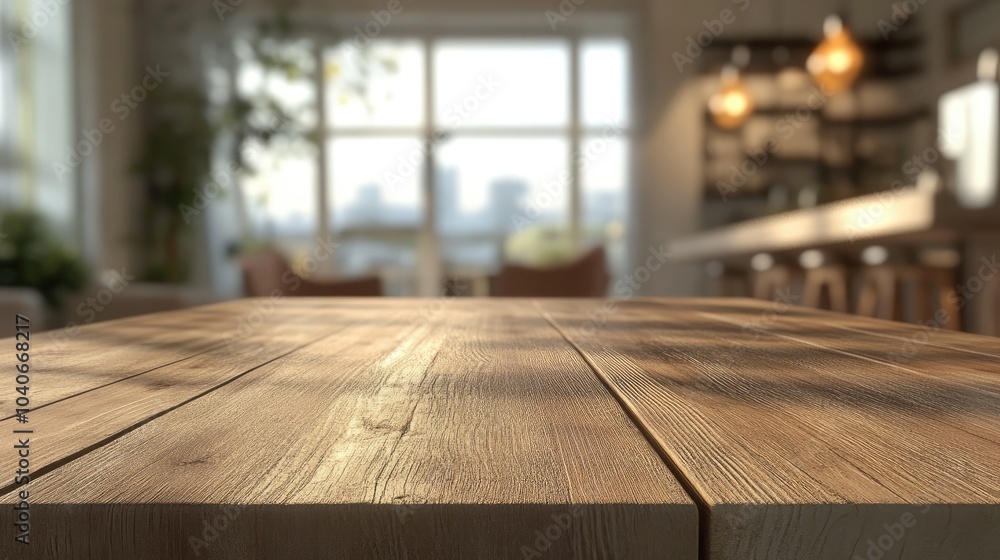 Poster 3d rendering of an empty wooden table with a blurred dining environment in the background